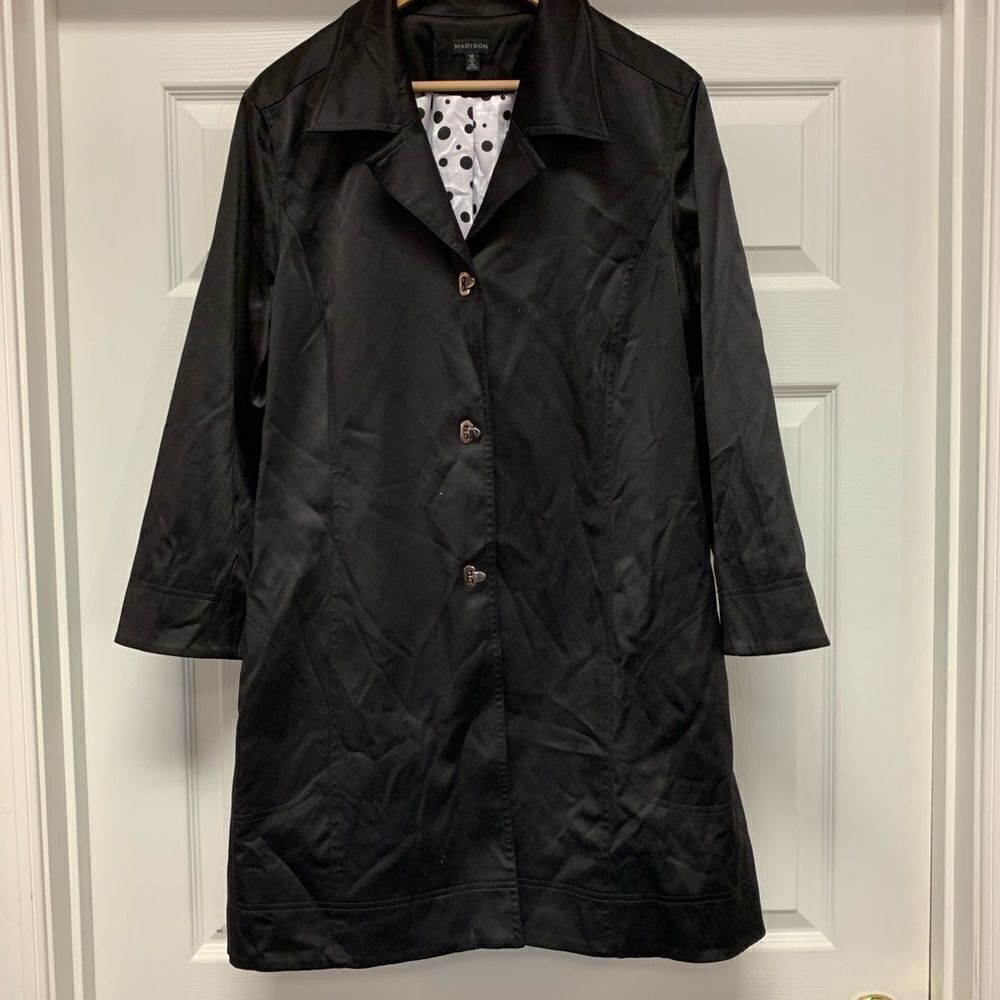 Madison Black Satin Swing Back Metal Buckle Trench Coat sz 16